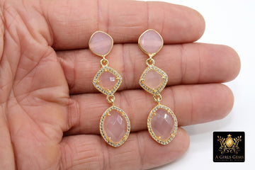 Rose Quartz Earrings, Elegant Formal Drop Earrings, CZ Long Gemstone Dangle Studs, Gold, 925 Pink Opal Jewelry - A Girls Gems